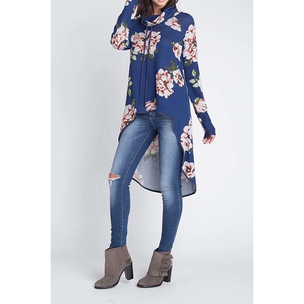 Navy Floral Hi-Lo Cowl Neck Sweater